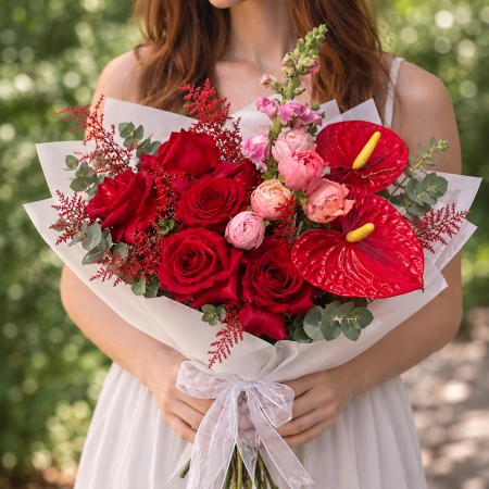 Kırmızı Gül ve Antoryum Premium Buket CK05
